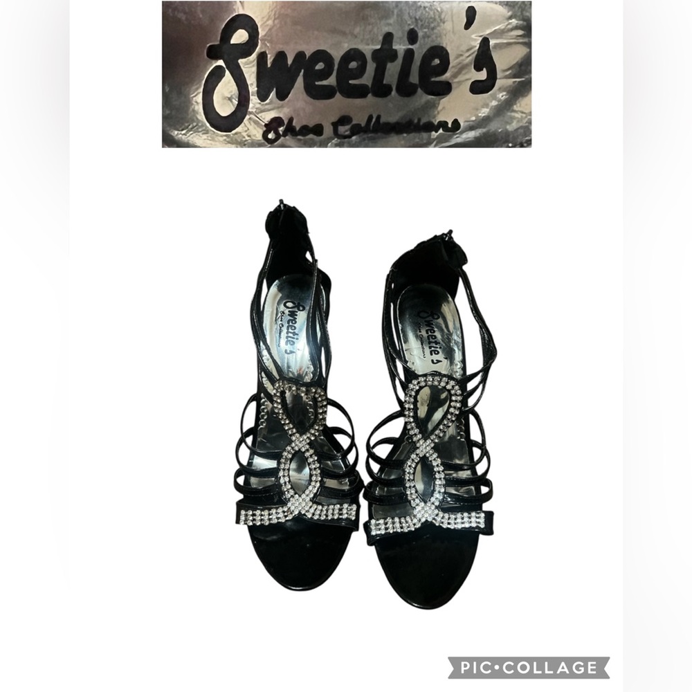 Black Strappy Heels with Rhinestone Embellishments